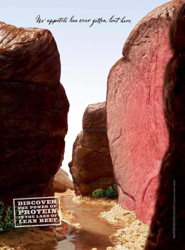 National Cattleman's Beef Association nắm trọn sự quan tâm của khách hàng bằng hình ảnh vách đá bò và dòng sông nước sốt 